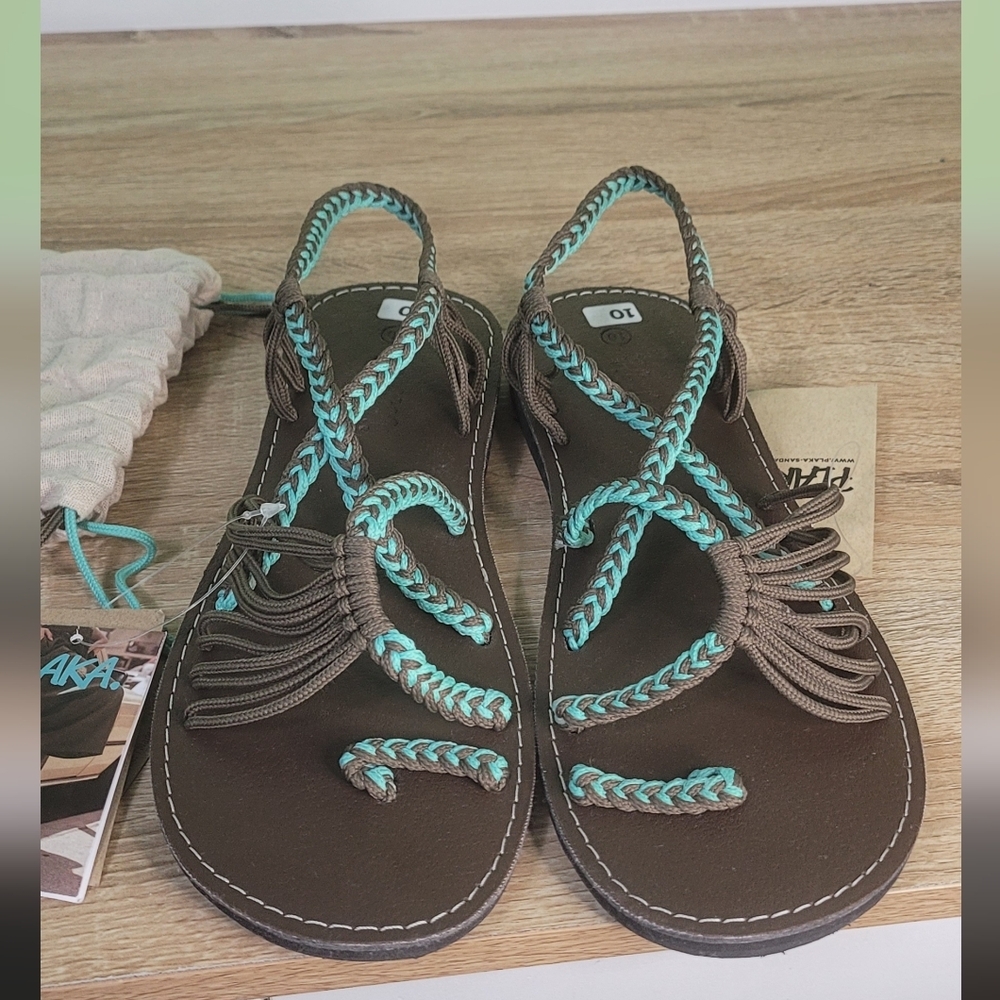 Plaka Woven Sandals Handmade Beach Summer Brown Turquoise NWT 10 - Picture 5 of 8
